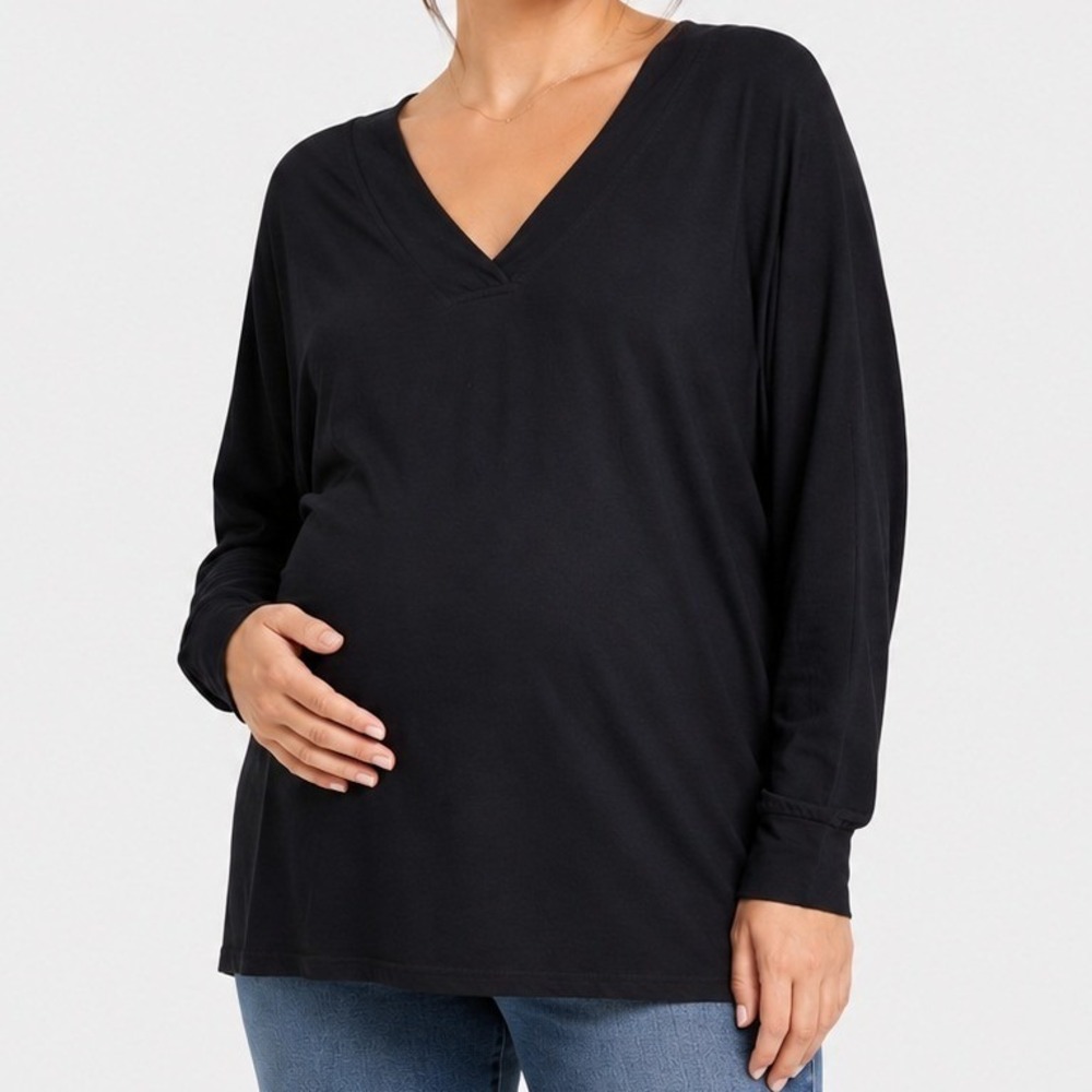HATCH Womens Black Tencel Spandex V-Neck Oversized Long Sleeve Top Size S